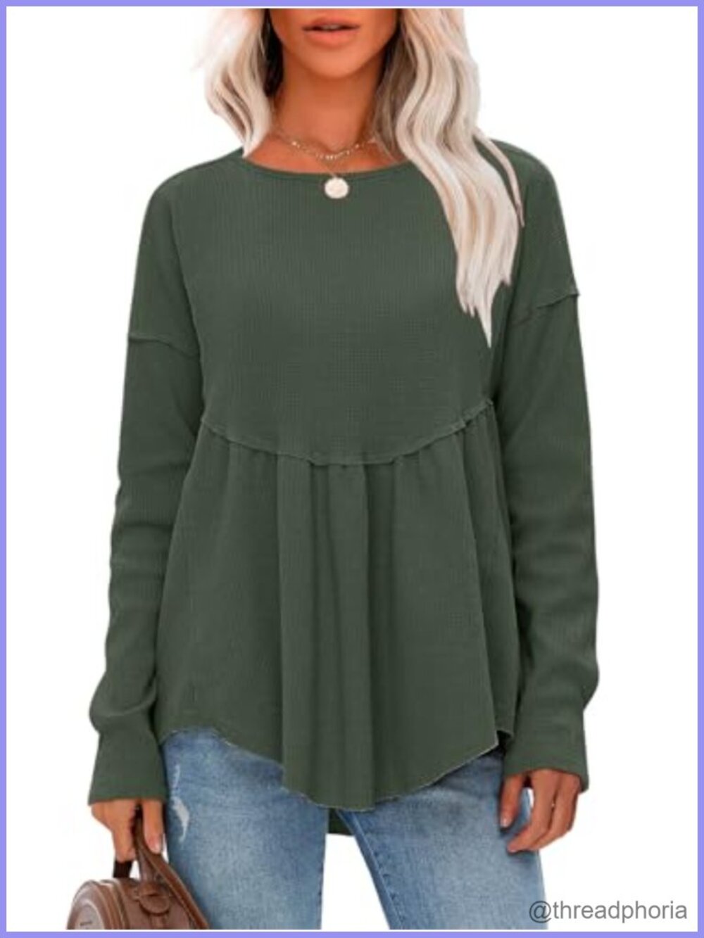 Waffle Knit Long Sleeve Tunic Top Crewneck Loose Babydoll Maternity